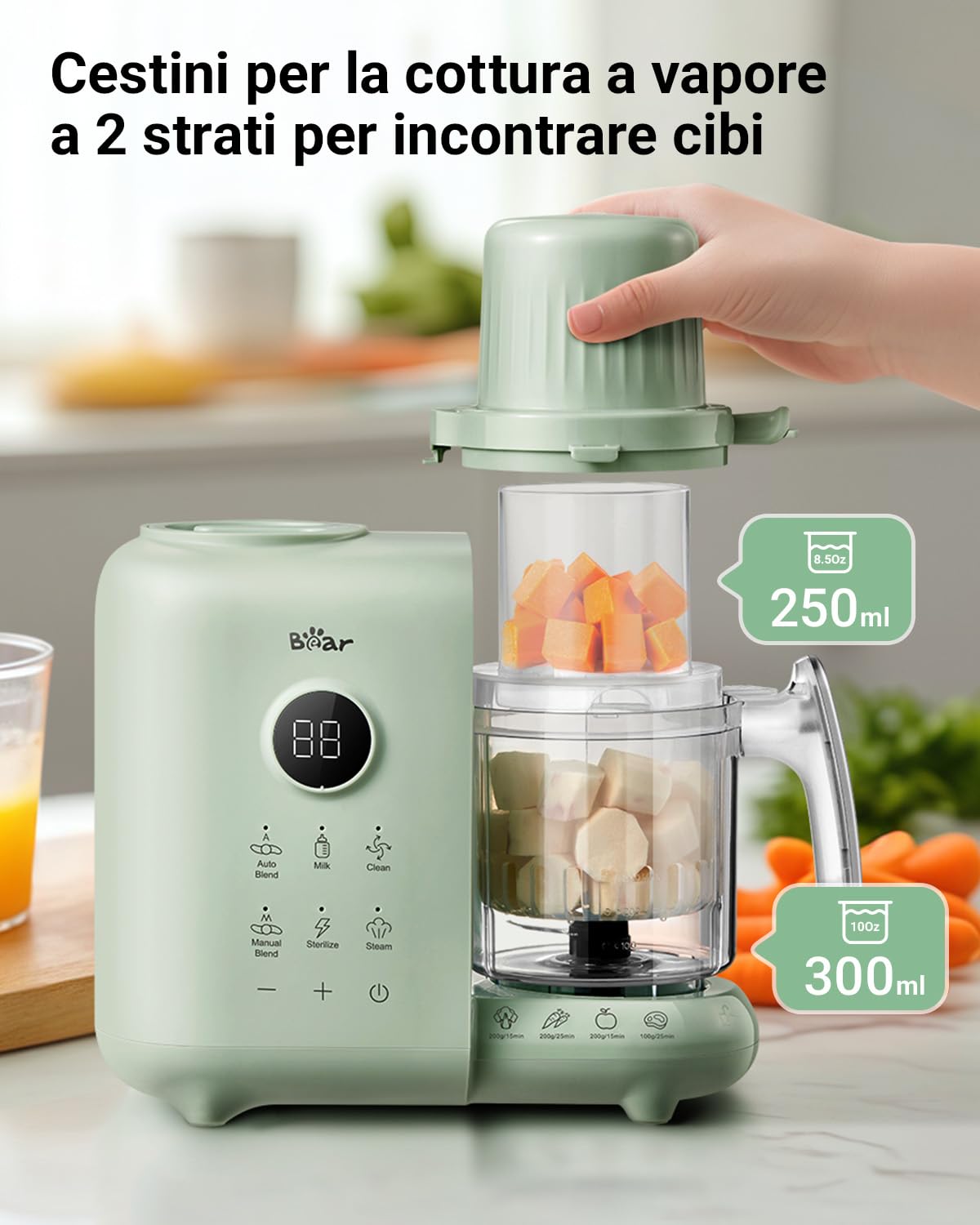Bear Cuocipappa Mixer Multifunzione 7-in-1 per Bébé - Vapore, Mixer, Pulse, Pulizia Automatica, Sterilizzato, Riscalda, Scongela - Robot Cucina Multifunzione