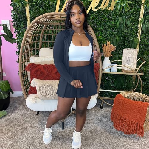 Bluewolfsea Women Sexy 2 Piece Tennis Skirt Set Long Sleeve Zipper Top and Mini Skirt Athletic Workout Outfits Sets Sweatsuit3