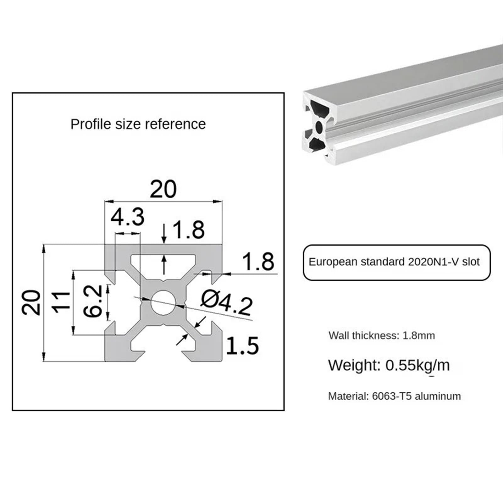 1Pcs 2020 2020N2 2040 2060 2080 20100 4040 4040N2 4080 V Slot Aluminium Profil Eloxiertem Extrudiertem for CNC DIY 3D Drucker(2060V,330mm)