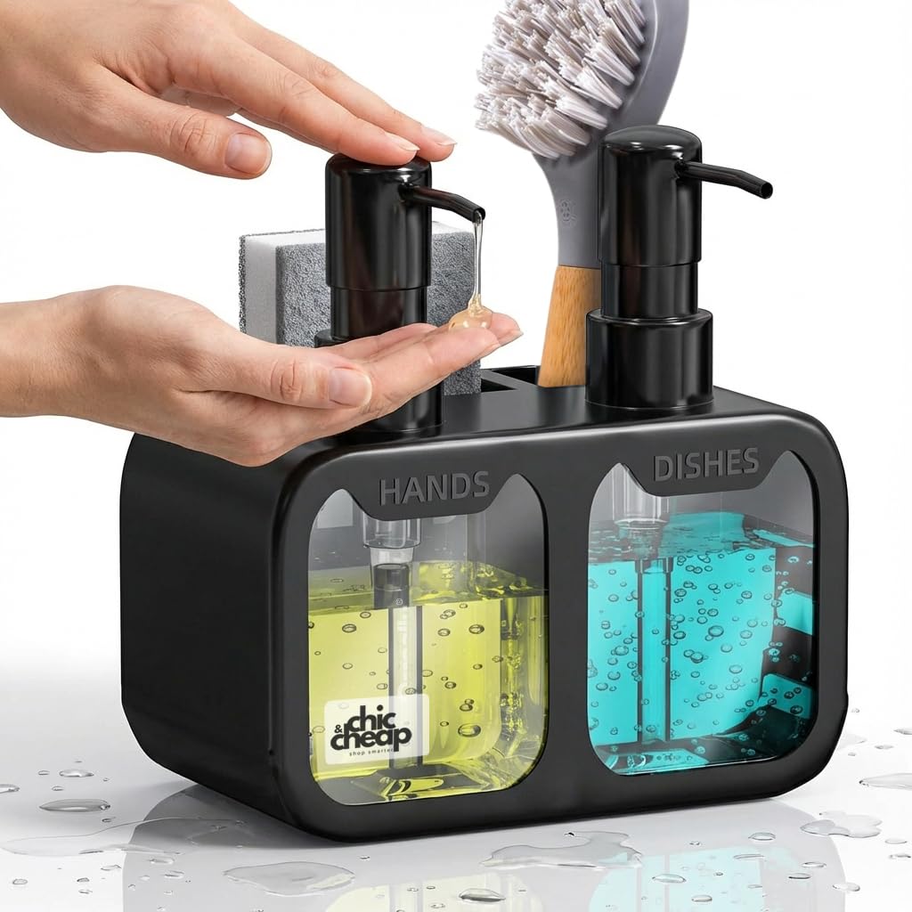 Chic & Cheap™ Kitchen Sink Organizer | Dual Soap Dispenser Set (350ml x 2) for Dish Soap & Hand Soap, Integrated Sponge & Brush Holder | Countertop Caddy and Storage Solution for Kitchen & Bathroom.