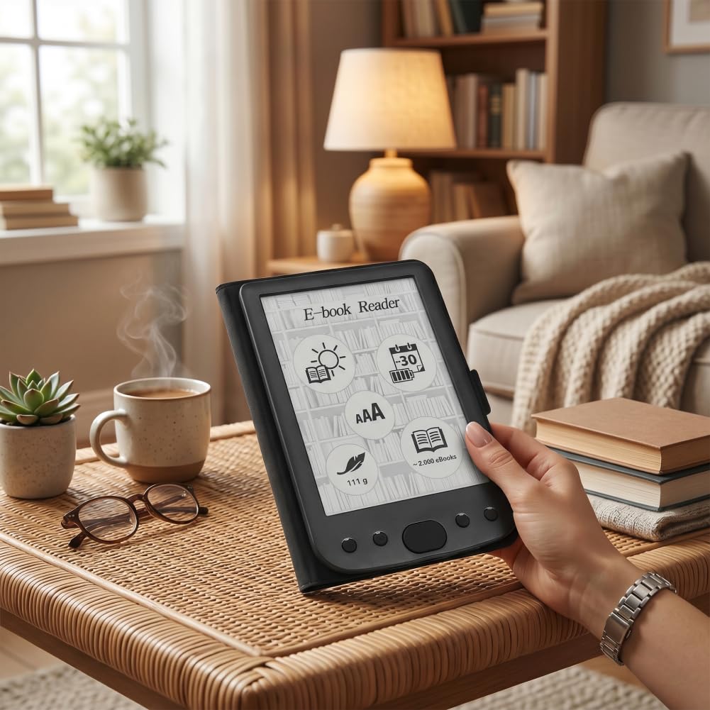 ASHATA E Reader Pantalla HD de 6 Pulgadas 800x600 con Amplia Compatibilidad para Lectura Interactiva Lector Electrónico Portátil (16GB)