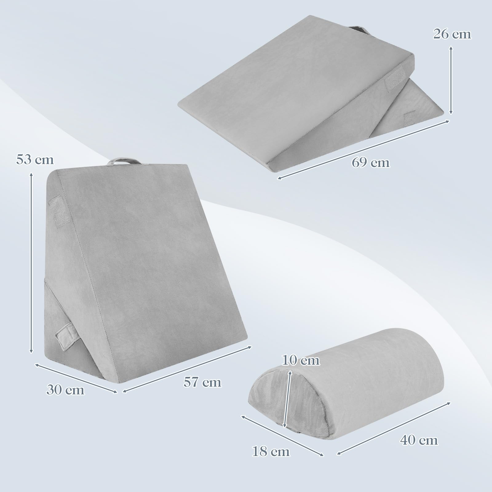 COSTWAY Set di 3 Cuscini a Cuneo per Letto, Cuscino Inclinabile Regolabile con Schiuma Memory Air, Set di Cuscini Alleviare il Dolore alla Schiena (Grigio)
