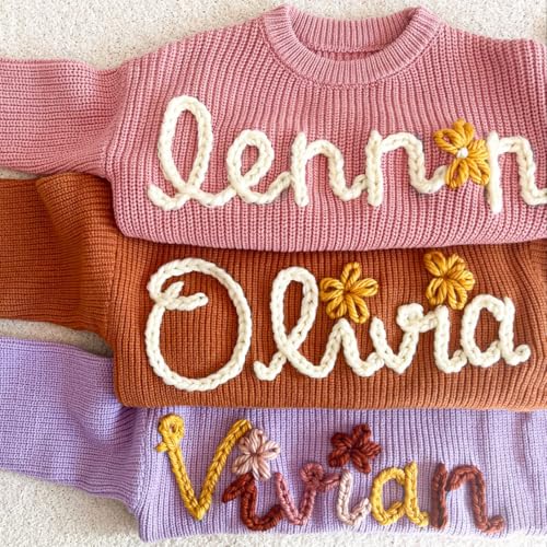 Personalized Hand Embroidered Knit Name Jumper, Custom Infant Christmas Sweater, Chunky Oversized Kids Sweater Multi3