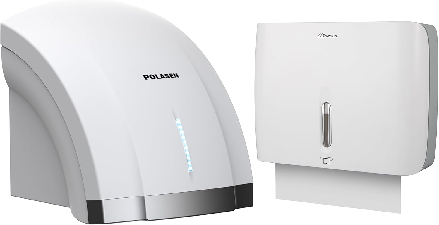 Hand Dryer and Paper Towel Dispenser Set – Wall Mounted High Speed Automatic Hand Dryer with Sensor & ABS Paper Towel Dispenser, Ideal for Home Bathroom & Commercial Use – White