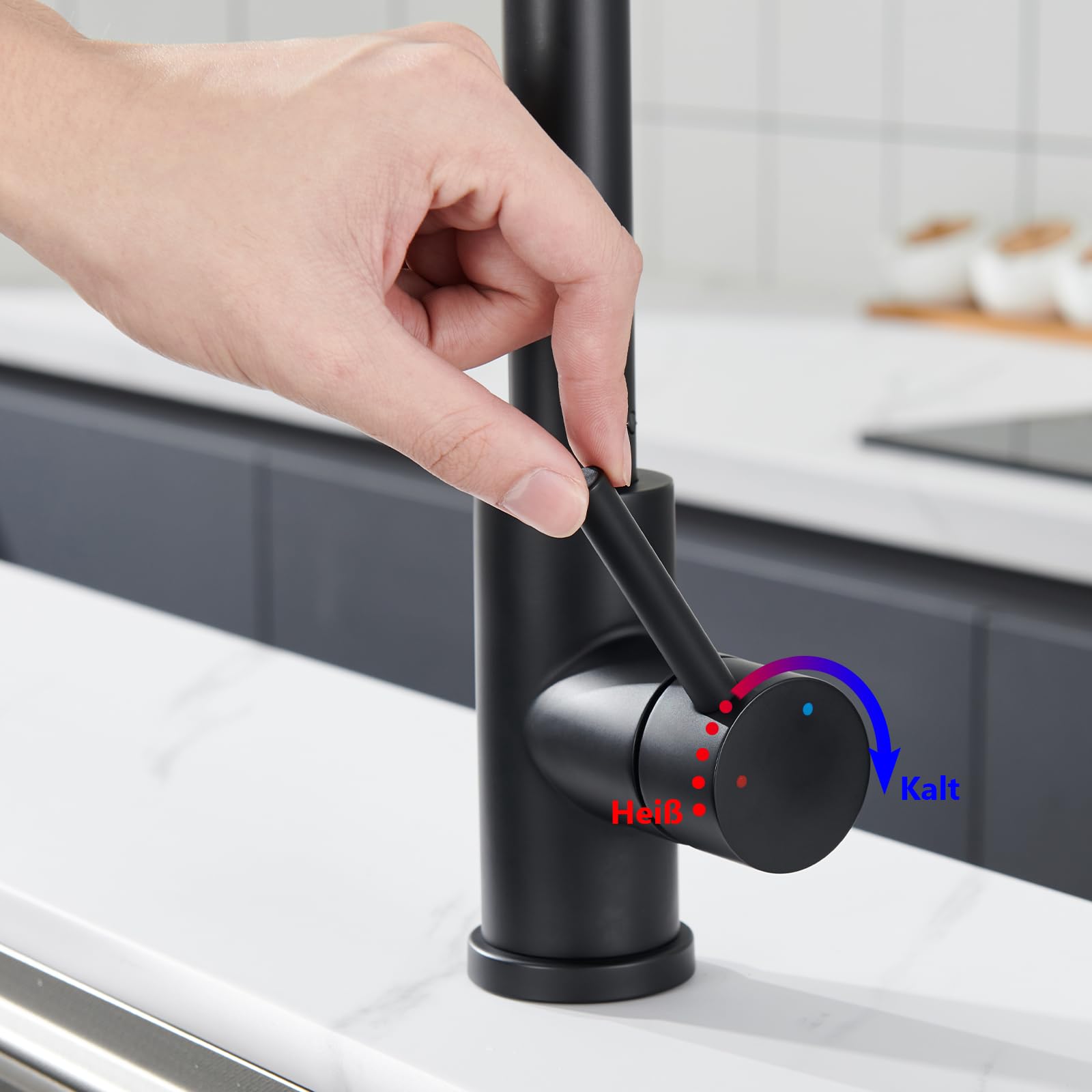 Küchenarmatur Ausziehbar ohne Wasserzulaufschlauch, Wasserhahn Küche Schwarz mit 2 Strahlarten Brause, Mischbatterie Küche Hochdruck, Edelstahl Armatur Küche 360° Schwenkbar Spültischarmatur