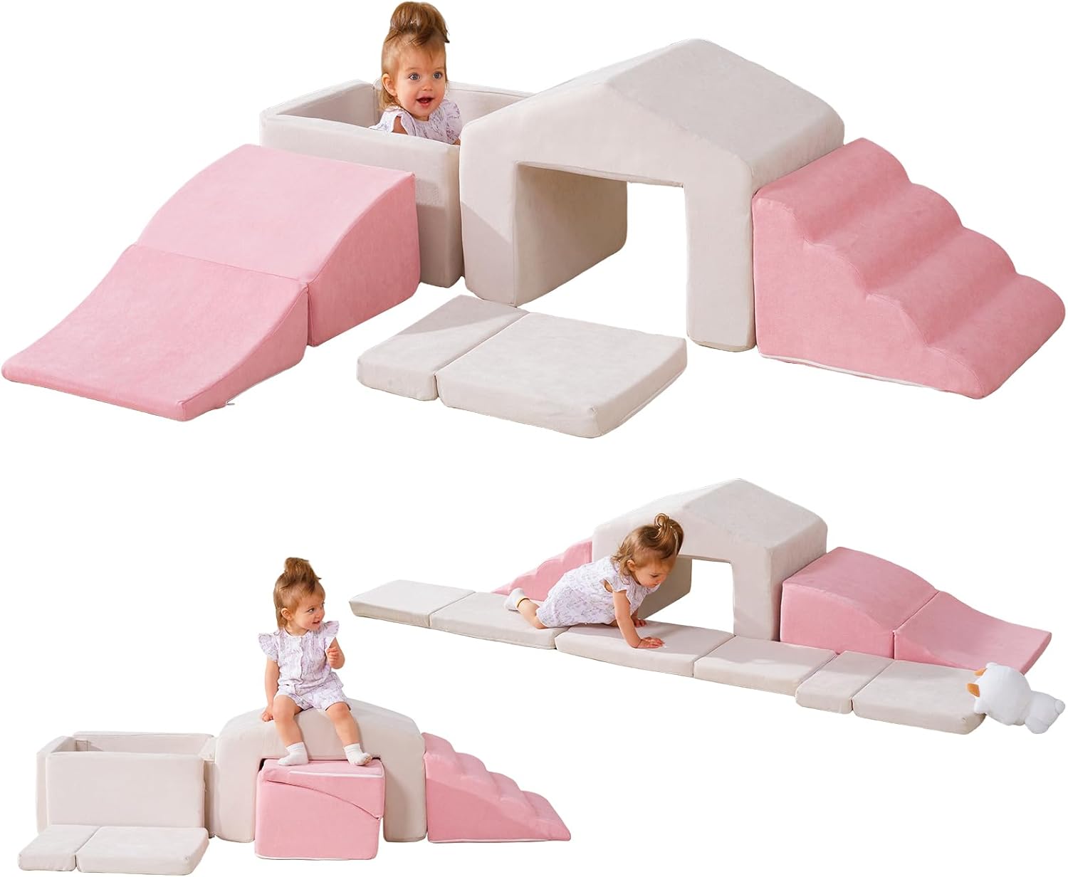 Climbing Toys for Toddlers, Foam Climbing Blocks with Ball Pit, Soft Play Climb and Crawl Activity Playset, Crawling & Sliding Play Set for Toddlers, Foam Blocks Indoor Beige & Pink
