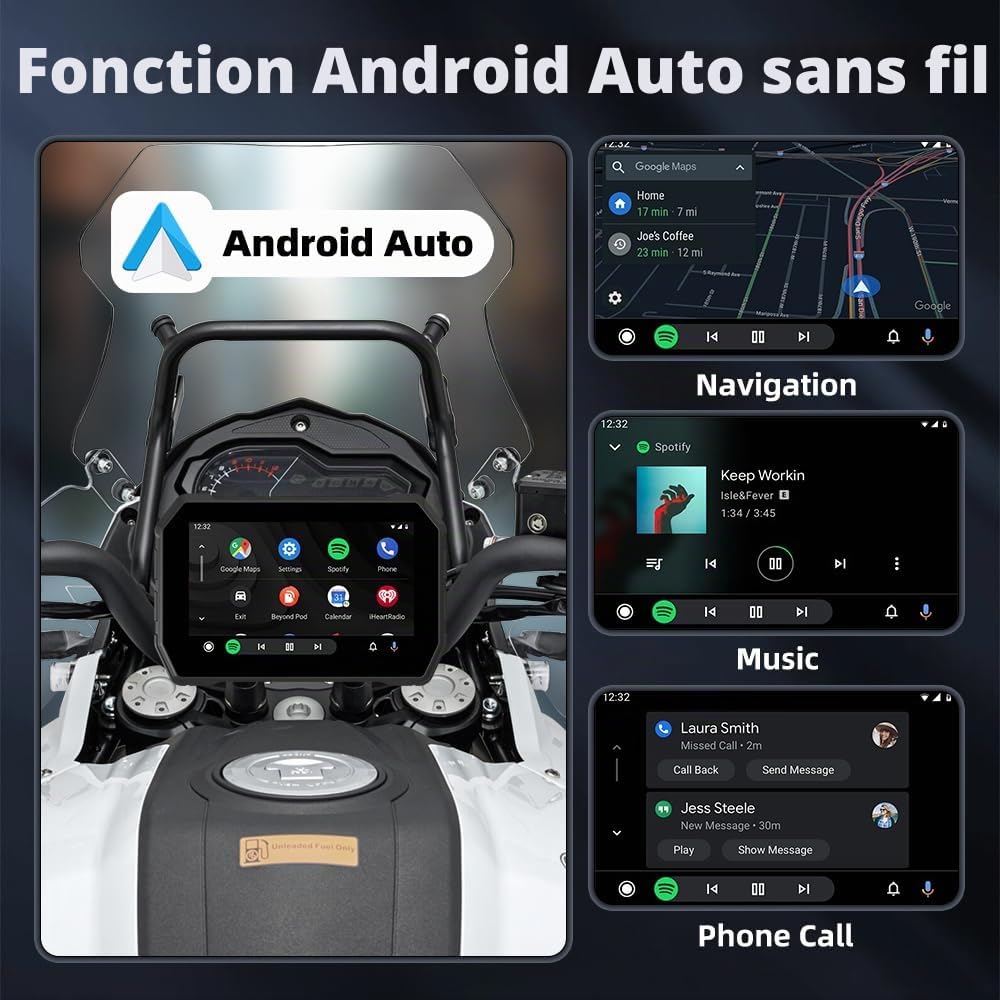 Écran GPS Moto 5 Pouces avec CarPlay sans Fil & Android Auto, Écran IPS 800x480, WiFi 5GHz, BT 5.0, Support PhoneLink, Carte TF, Système Linux