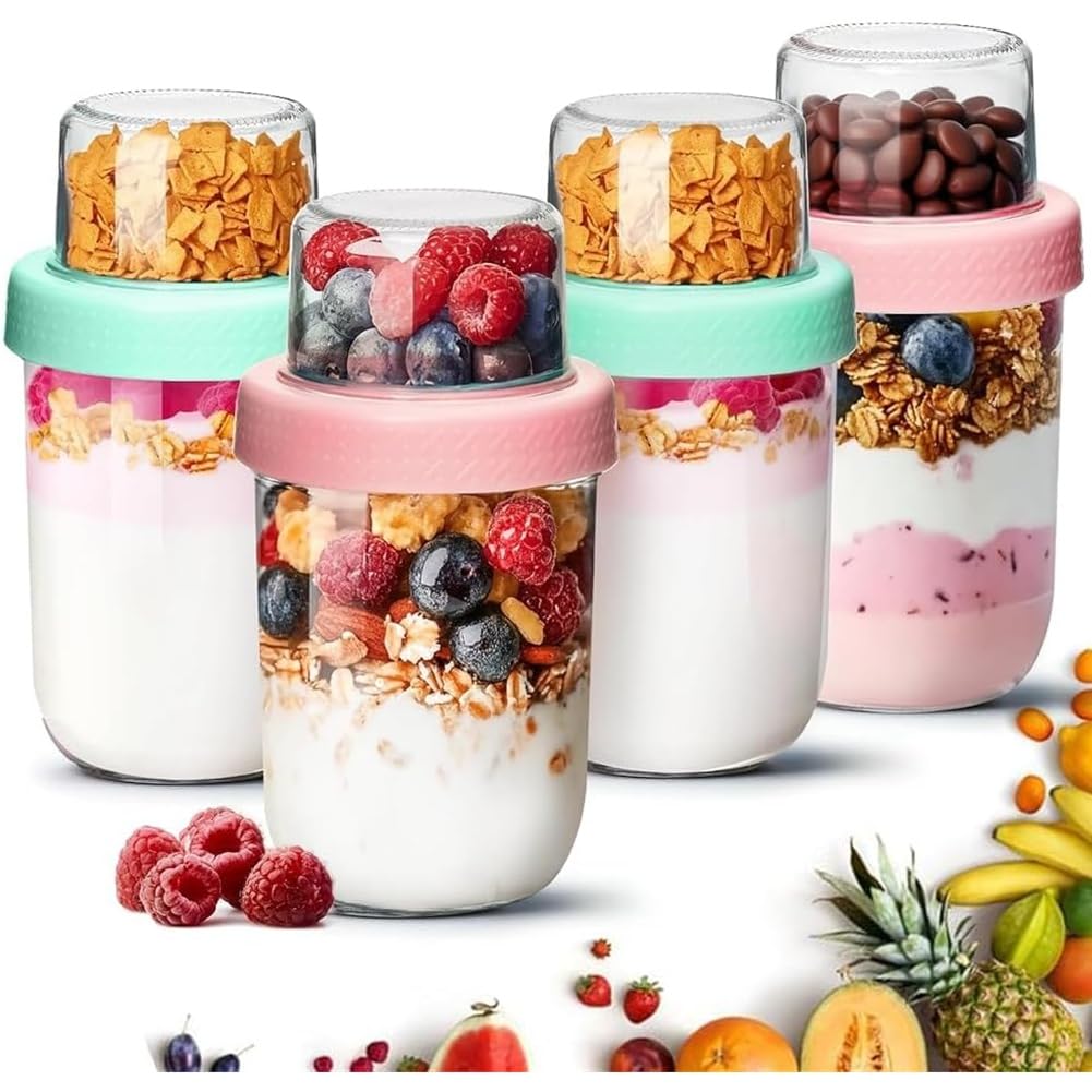 IJSDNVJNDX Overnight Oats Jar with Lids 480+120mL Overnight Oats Jars with Lids Breakfast Pots for Yogurt Cereal Fruit