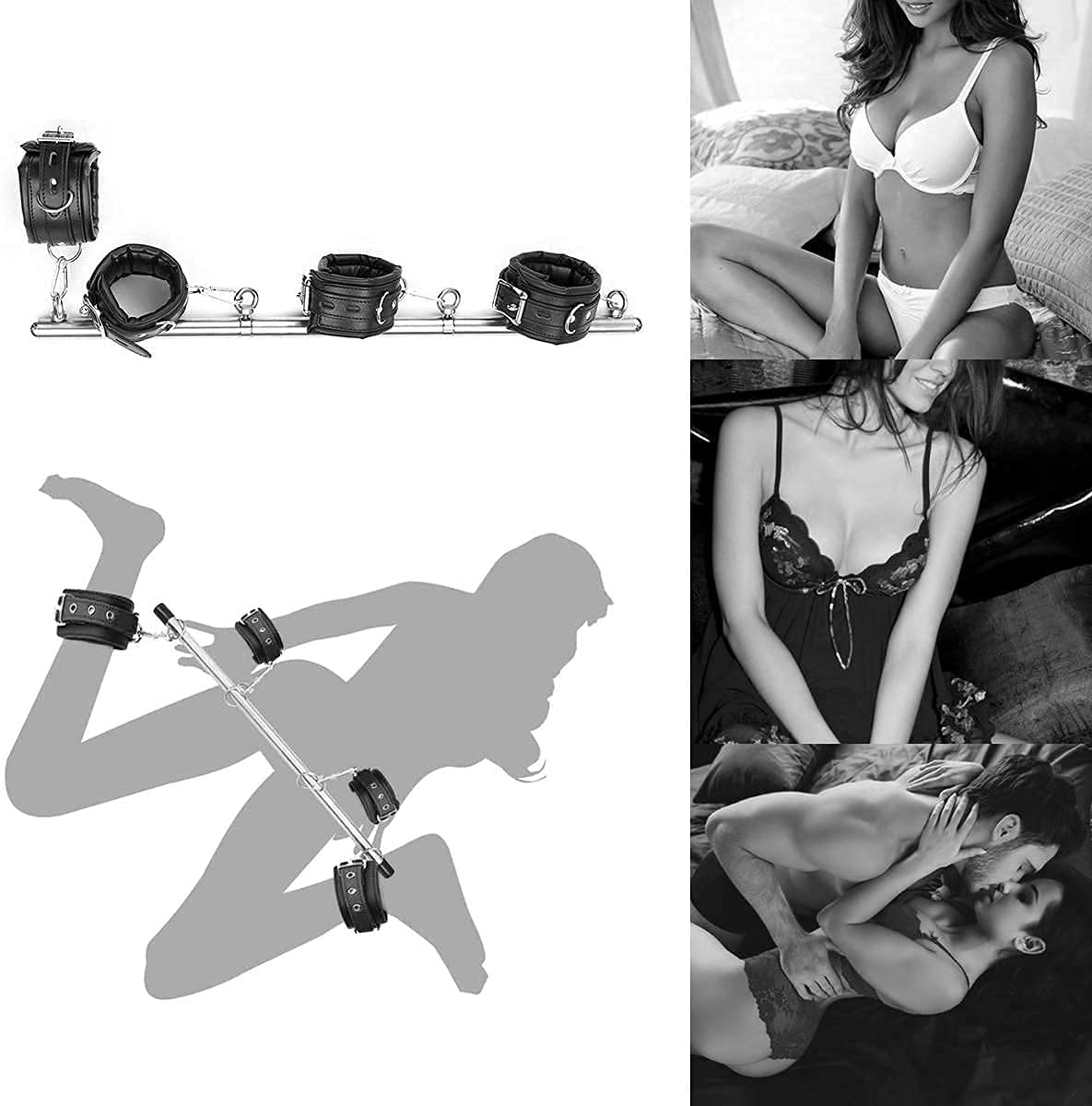 Menottes pour mains et chevilles avec barre d'écartement réglable pour bondage BDSM