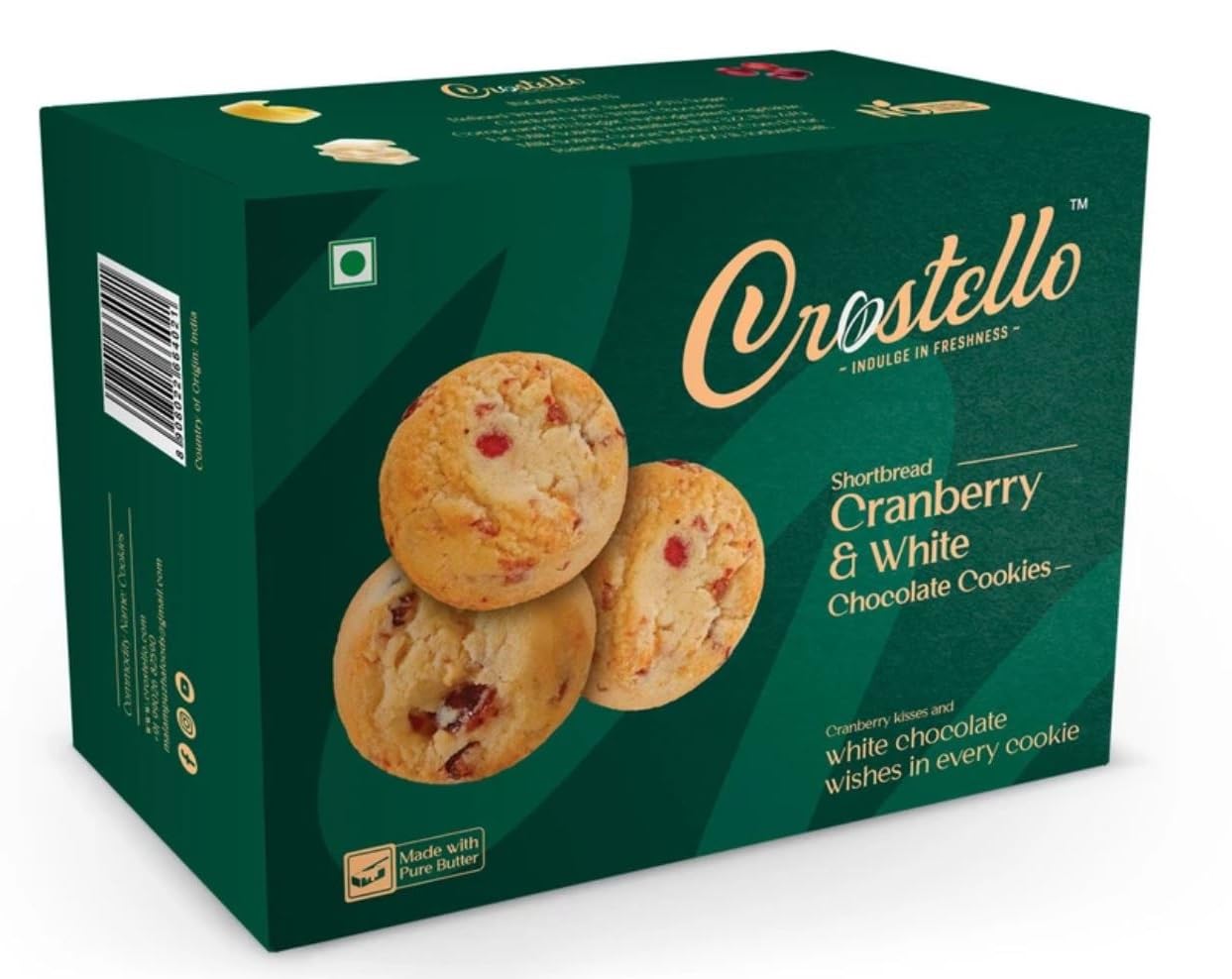 Crostello Cranberry White Chocolate Butter Cookies | Made With 100% Pure Butter | 180g | Buttery Bliss in Every Biscuit | Veg | Perfect with Milk, Tea or Coffee