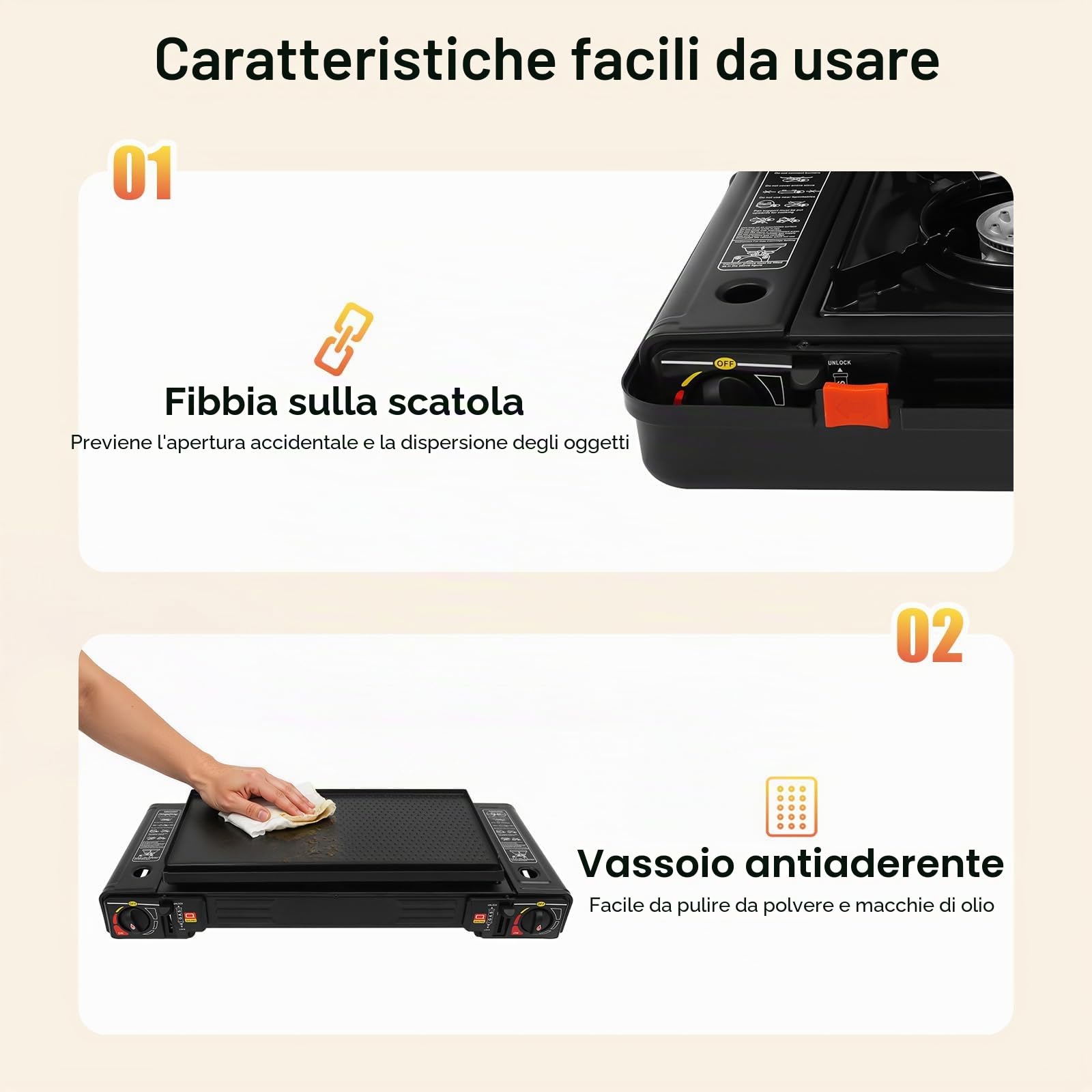 Fornello da Campeggio Doppio Bruciatore, Cucina Portatile con Griglia e Custodia,Fornello a Gas a 2 fuochi, per picnic all'aperto (con piastra grill)