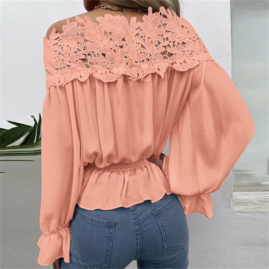 Générique Femmes Sexy Hors épaule Blouses Dentelle Blouses Blanches à Manches Longues Tunique froncé Chemises à la Taille