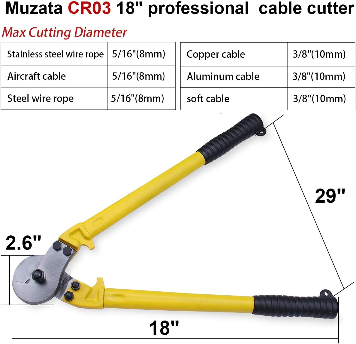 Best Deal Product Muzata Heavy Duty 18 Hardened Cable Cutter,Chromium Vanadium Steel,High Temperature Heat Treatment,Cuts Up to 5/16 Stainless Steel Wire Rope Smooth Like Butter CR03,Series CT1