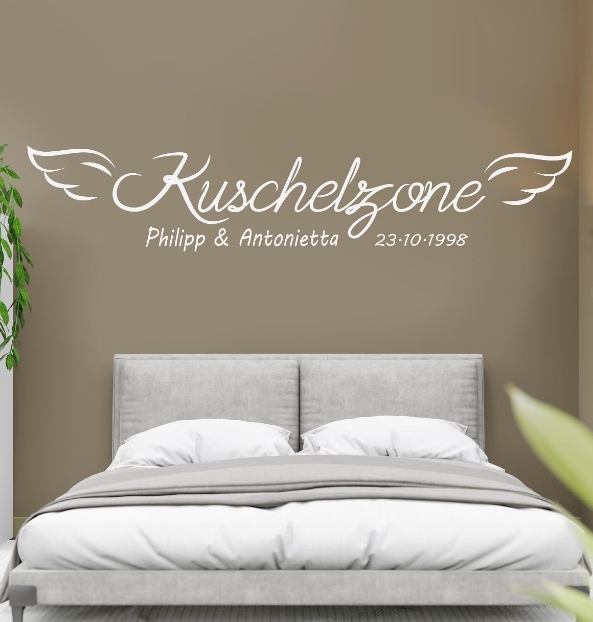 Tjapalo® A13 Kuschelzone mit Namen und Datum - Wandtattoo für Schlafzimmer, Sprüche und Liebe - Farbe: dunkelgrau, Größe: B200xH40cm