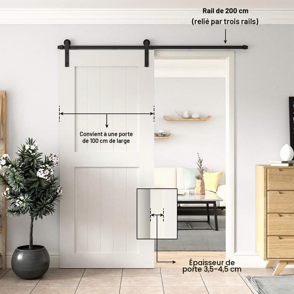 WINSOON Kit de porte coulissante de grange : 200 cm - Kit de porte coulissante robuste | Rail de porte coulissante Syetem facile à installer pour armoire/placard/cuisine (rail uniquement)