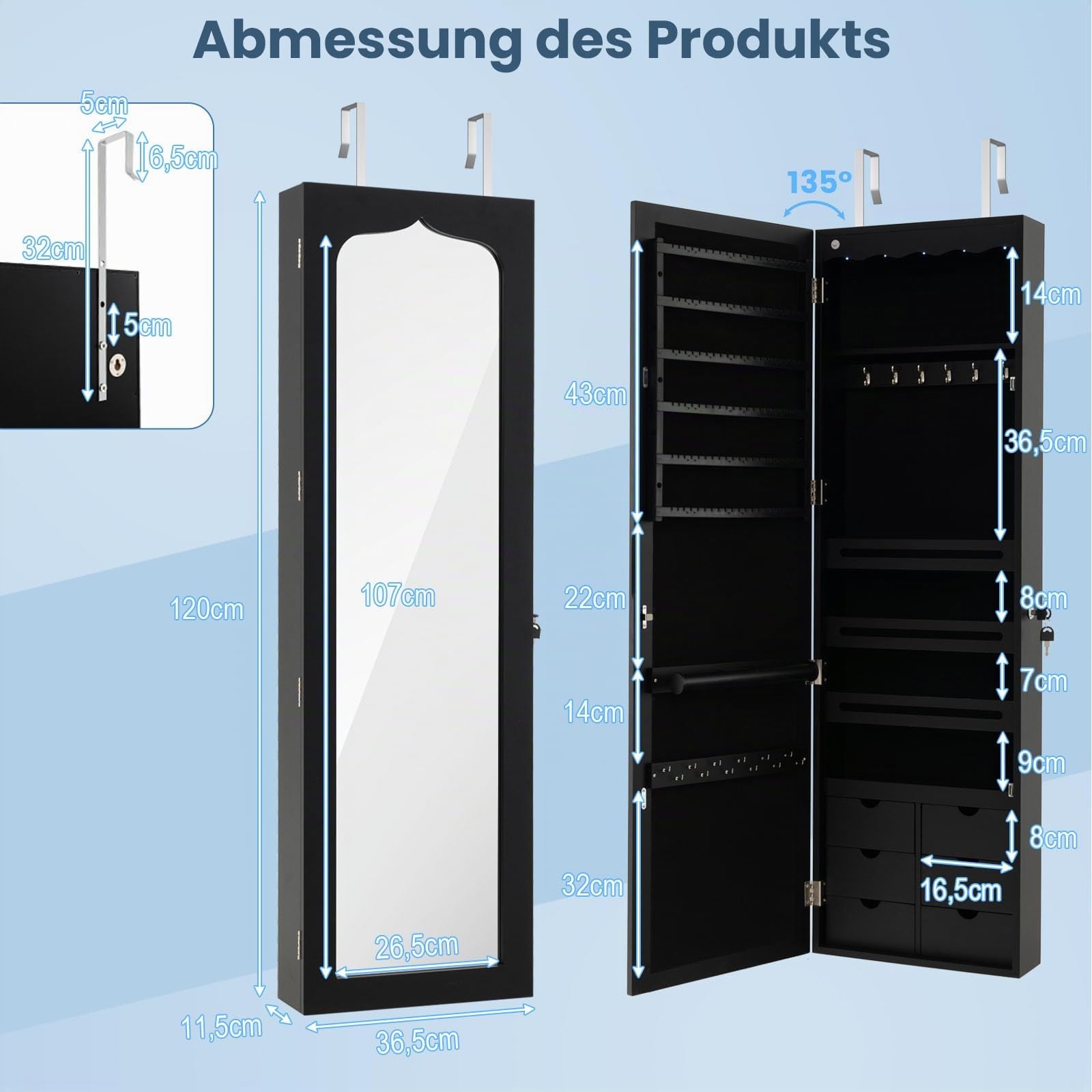 COSTWAY Schmuckschrank mit LED Beleuchtung, 6 Schubladen und Spiegel, Sipegelschrank hängend, Hängeschrank für Tür und Wandmontage, abschließbar (Schwarz)