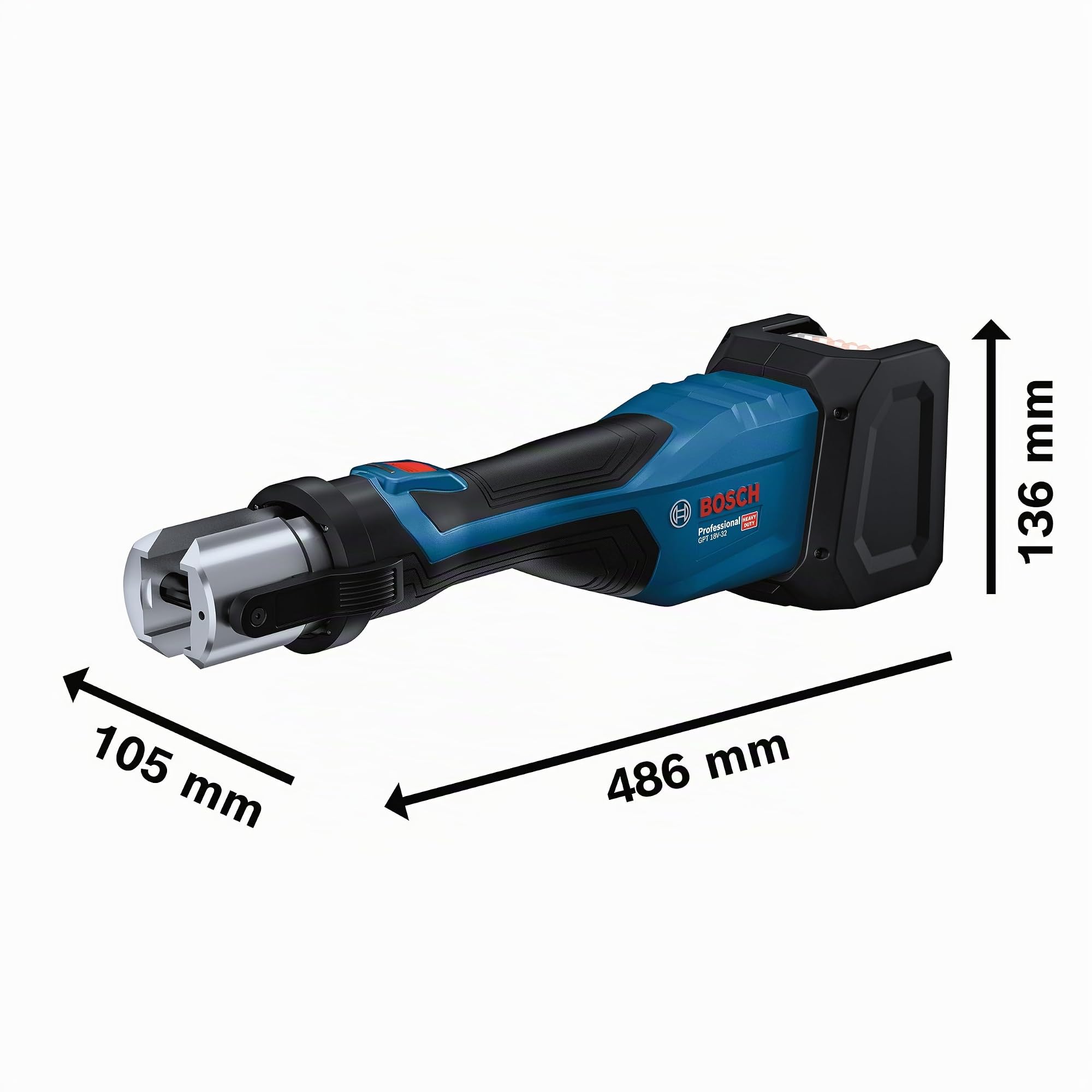 Bosch Professional 18V System Herramienta de Prensado a Batería GPT 18V-32 (32 kN, conect. plástico hasta 110 mm, metal hasta 54 mm, con mesa mordaza prensa RFz12, RFz16, RFz20, XL-BOXX)
