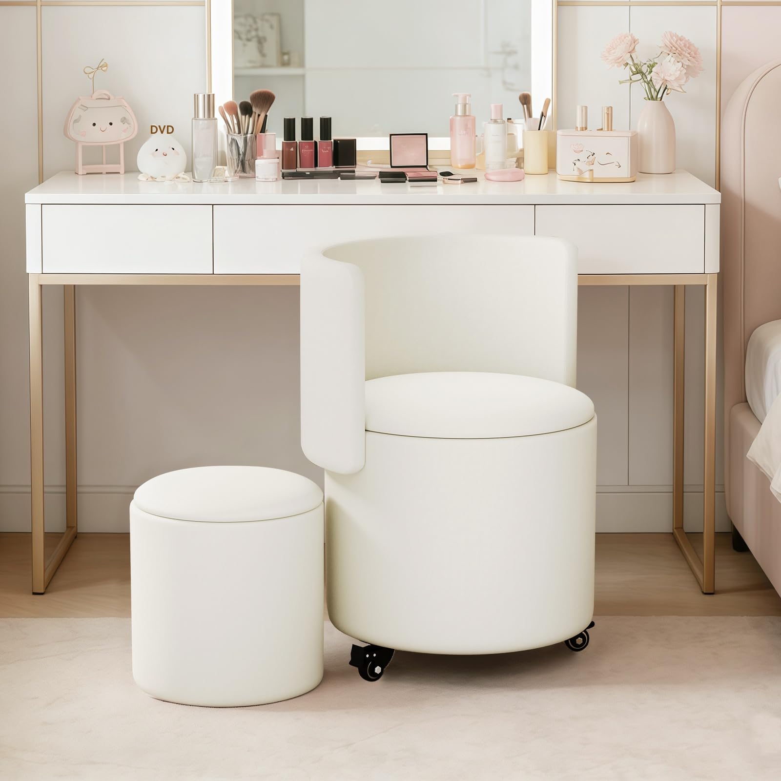 Sedia cosmetica con ruote e spazio di archiviazione, sedia girevole per trucco con schienale ribaltabile, piccolo pouf imbottito in pelle PU per camere da letto e salotti.