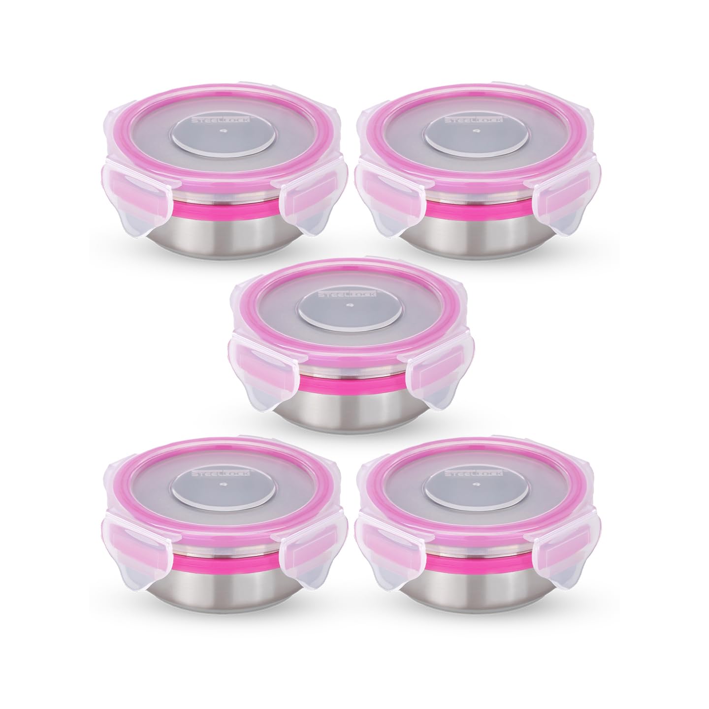 STEELLOCK Stainless Steel Container/Dabba with 4 Side Clip Lock see through Lid for Office & School Use/Food Grade/Air Tight/Easy to Carry/Leak Proof (SL-1100-5pcs X 100 ml, Pink)