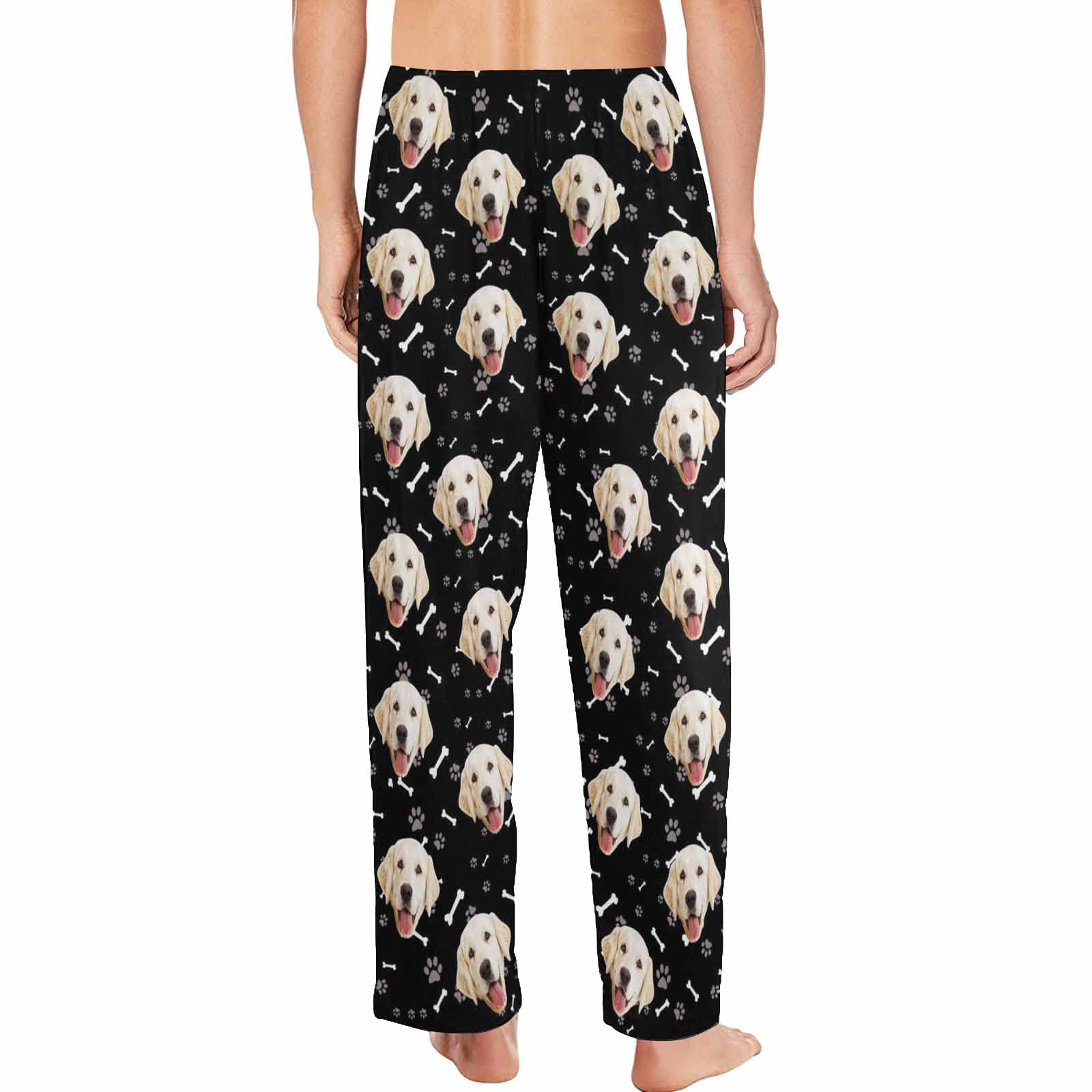MyPupSocks Customized Face Pajamas Pants for Men, Pet Bone Dog Paw Prints Black Pajamas Personalized Pet Sleep Bottoms Funny Dog Picture Sleepwear Nightwear for Christmas L