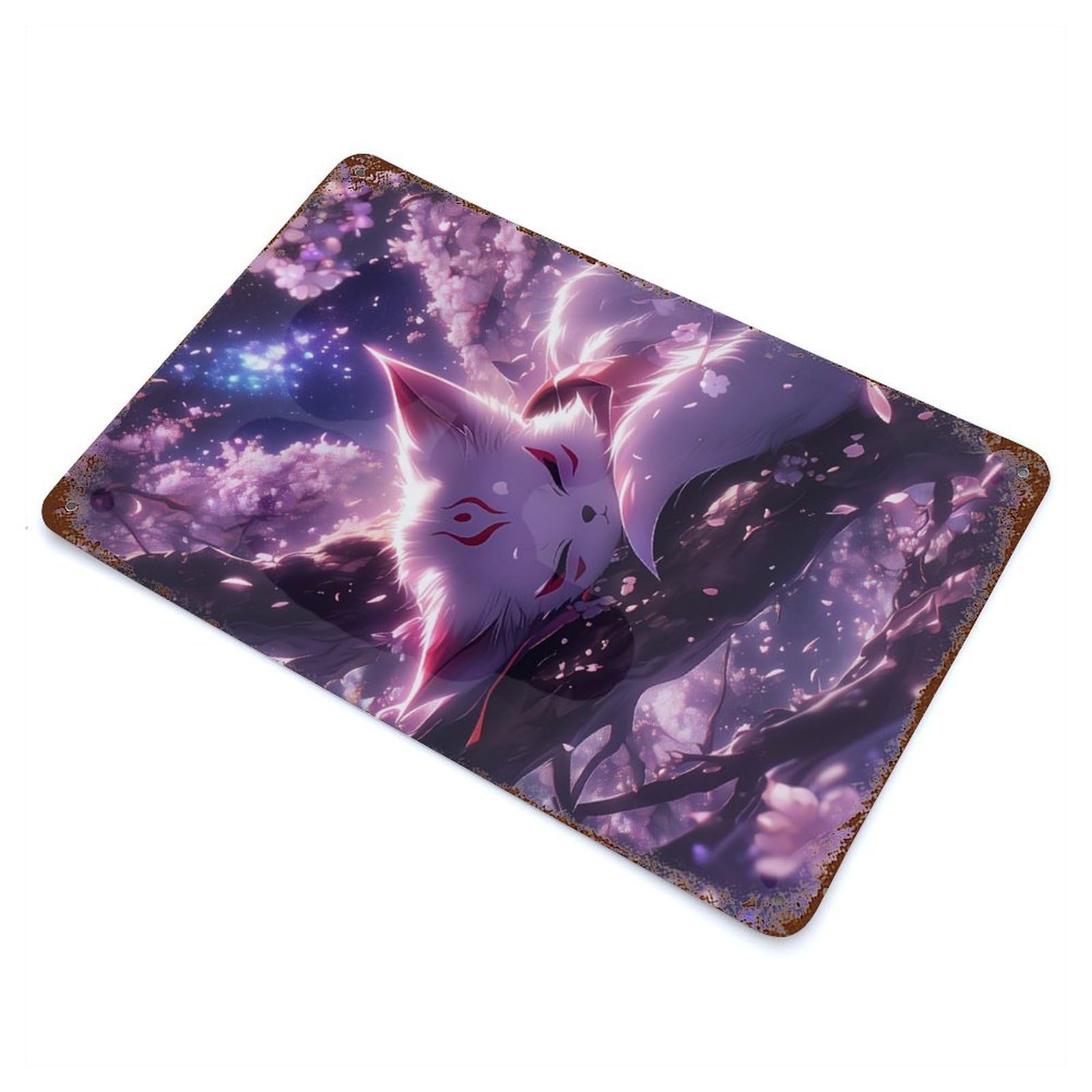 Distressed Metal Wall Sign Sleeping Kitsune in Cherry Blossoms 11.8"x7.9", Decorative Metal Wall Art for Farmhouse, Kitchen And Entryway Decor