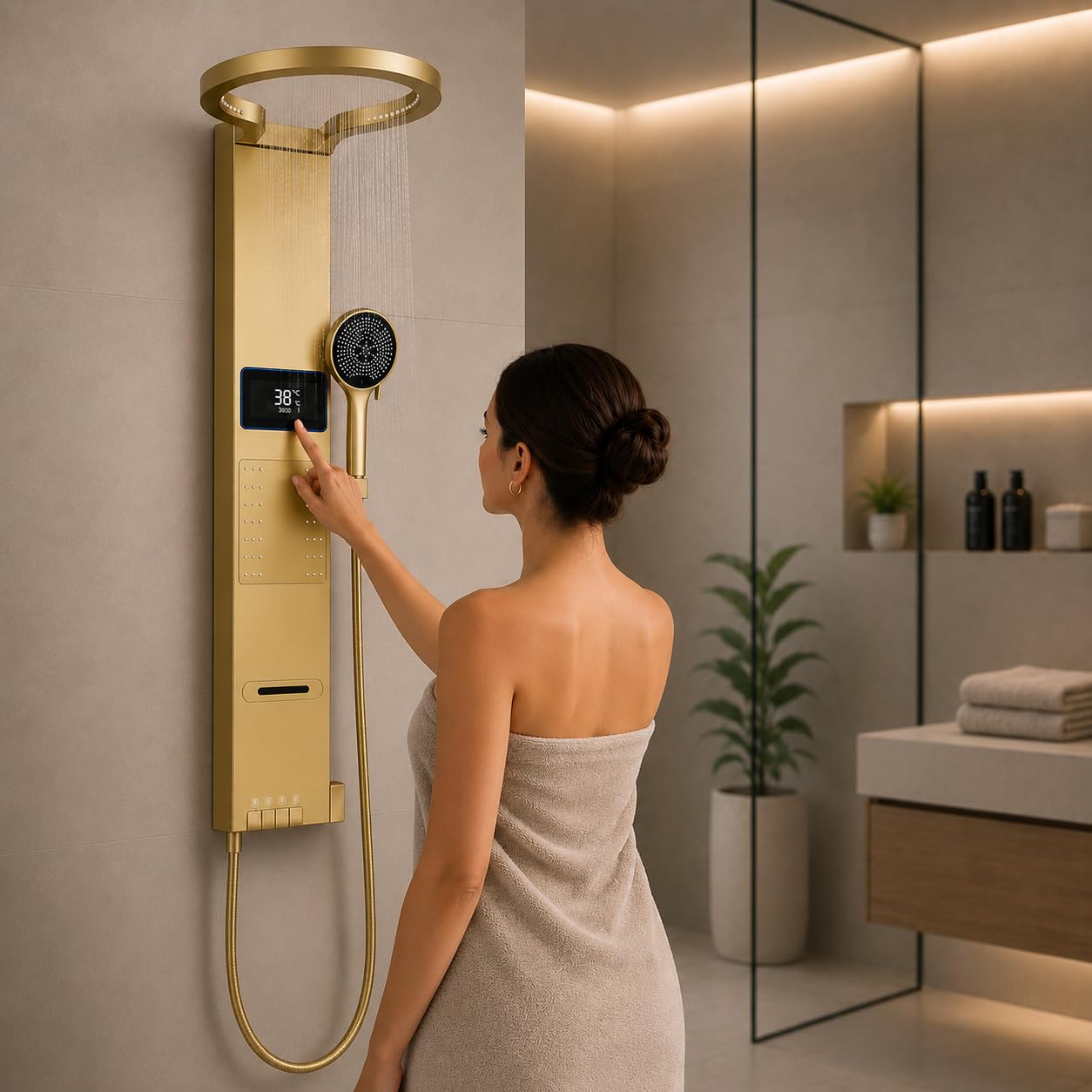 INEX EUROPA Panel de Ducha Termostática de Lujo Gold - Columna de Ducha Hidromasaje 10 Años de Garantía con 4 Modos de Operación - Torre de Ducha 105 cm Altura Daytona Collection