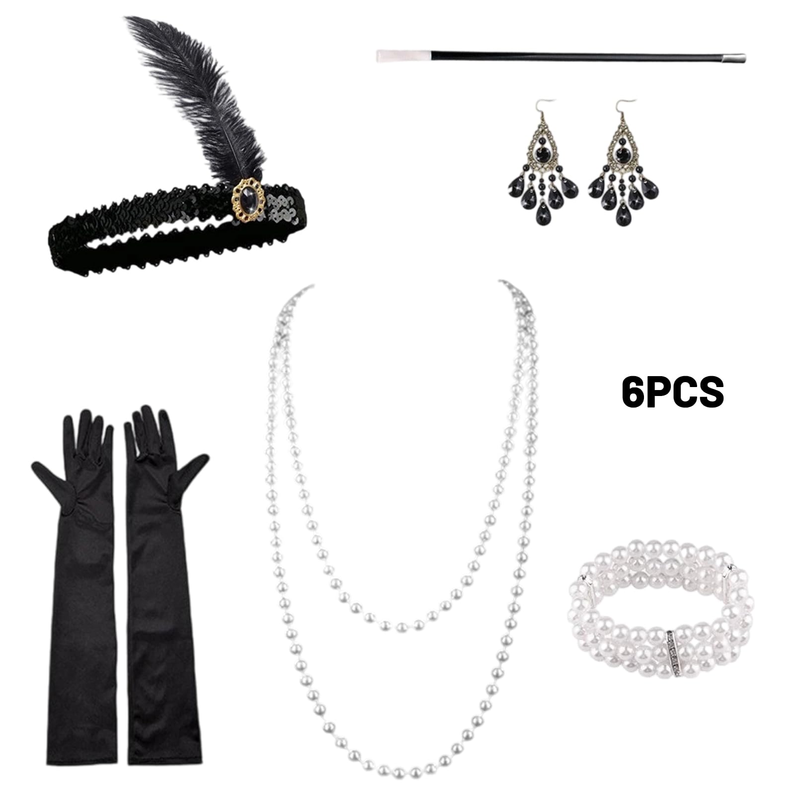Bodeshis 1920s Accessories for Women 6-Piece Gatsby Flapper Set including Headband, Gloves, Necklace, Earrings, Bracelet - Image 2