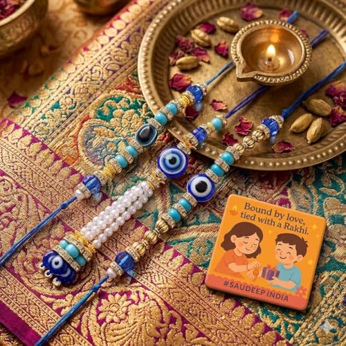 Image of SAUDEEP INDIA Decorative Fridge Magnet for Refrigerator Decor | Free Evil Eye Couple Rakhi Set for Bhaiya Bhabhi | Raksha Bandhan Gift Combo | Cotton Thread Rakhi Brother(1 Lumba, 2 Brother)
