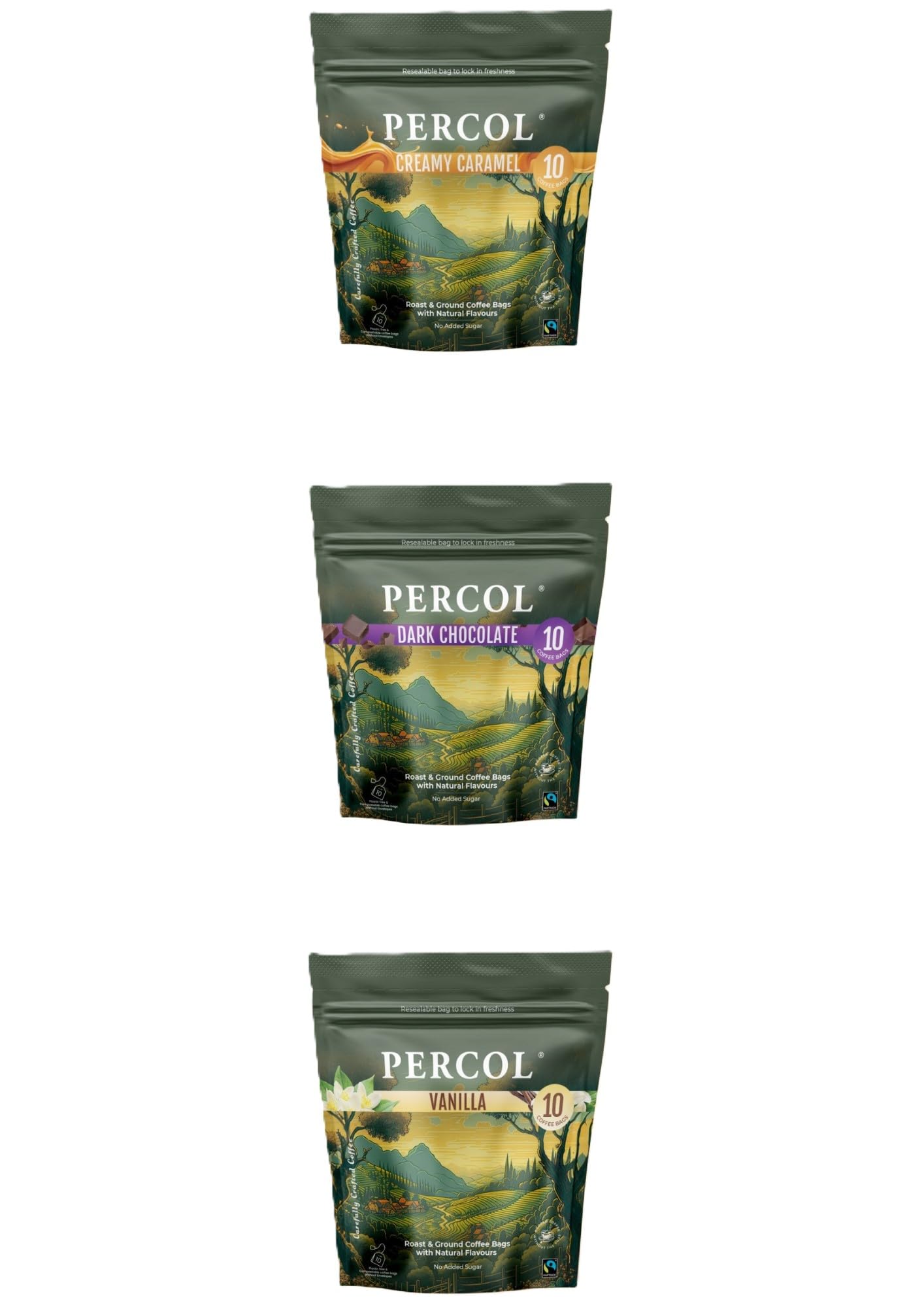 Percol Assorted Flavoured Ground Coffee Bags – Caramel, Chocolate & Vanilla | 30 Cups (30 x 8g Bags) – Pack of 3 Variety Set