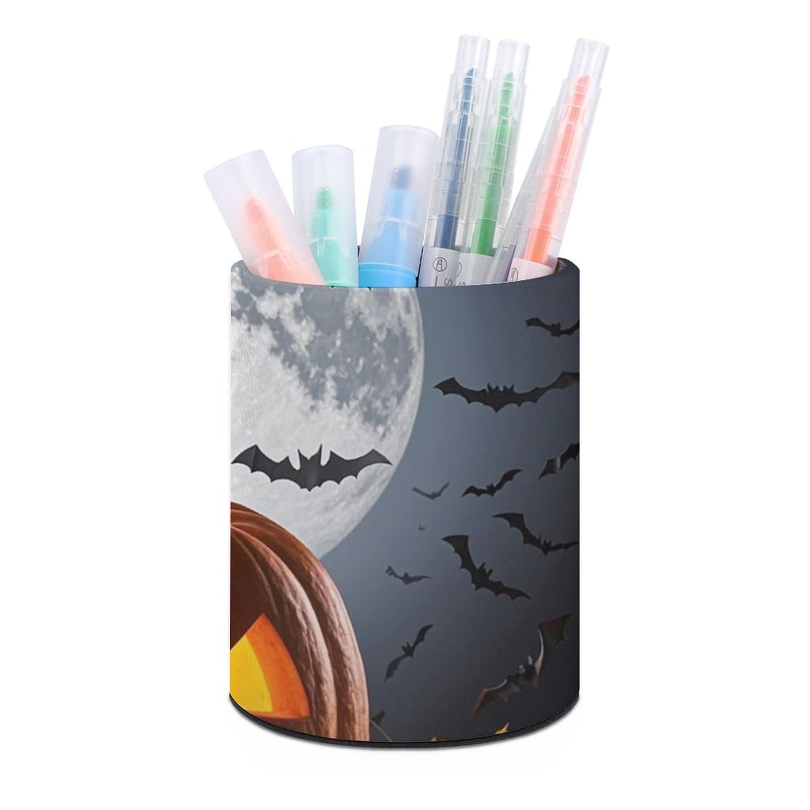 FekiLoot PU Leather Round Pen Holder Halloween Moon Bat Pumpkin Pencil Holder Desk Organizer Pen Organizer Pen Cup Pencil Cup Caddy Desktop Stationery Organizers for Office Home Supplies