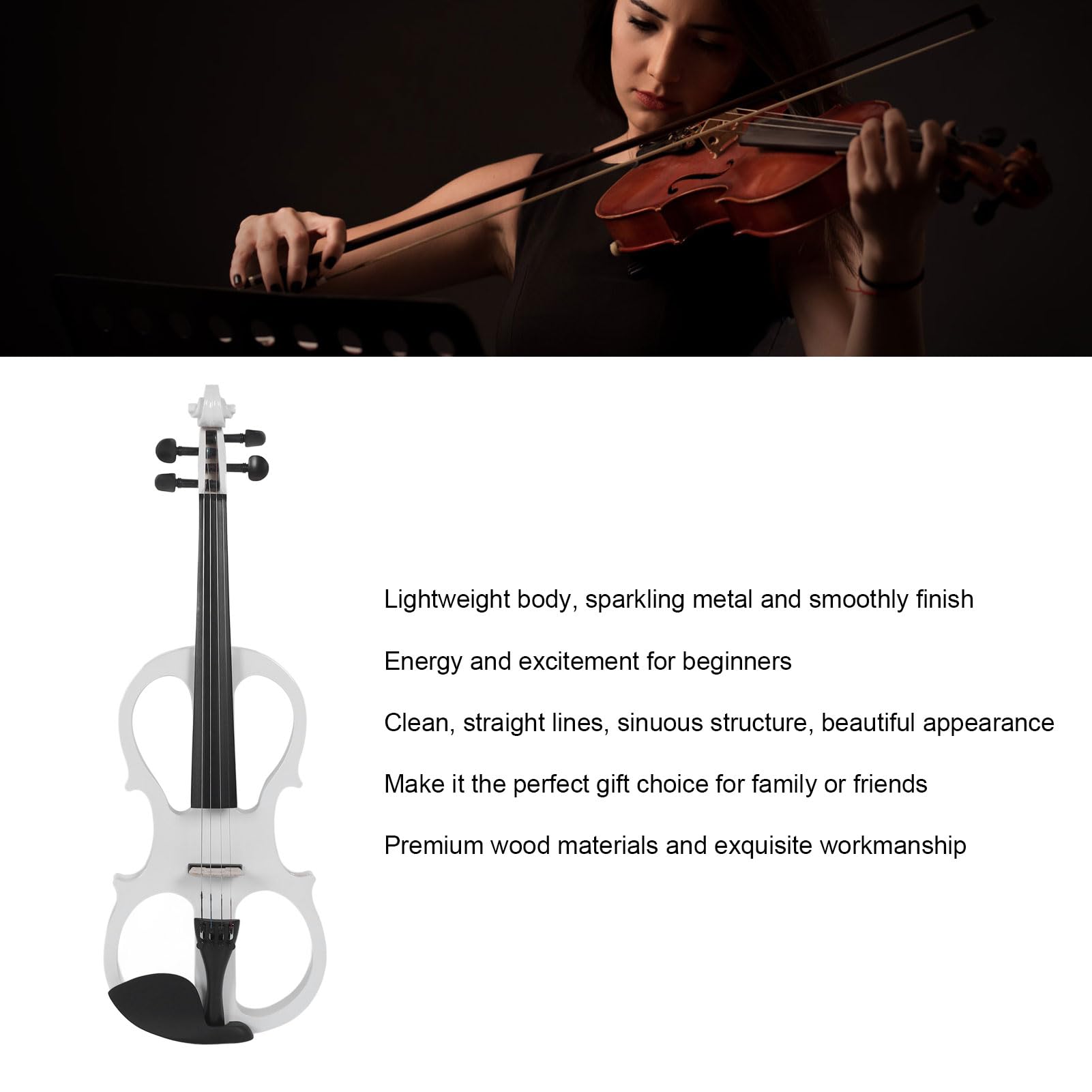 Profesional 4/4 Violín Electrico Silencioso Tamaño Completo Electric Violin Set para Principiantes, Violín Eléctrico Metálico de Madera Maciza, Negro (White)