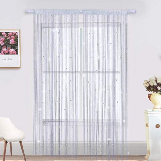 AIFENTE 2PACK Bead Curtain Door Curtain Door Beads Curtains Glass Beads Glitter String Curtains Screens Curtains Doors Beaded Multi-function Room Divider Window Door Curtain 39"x78.5" Silver