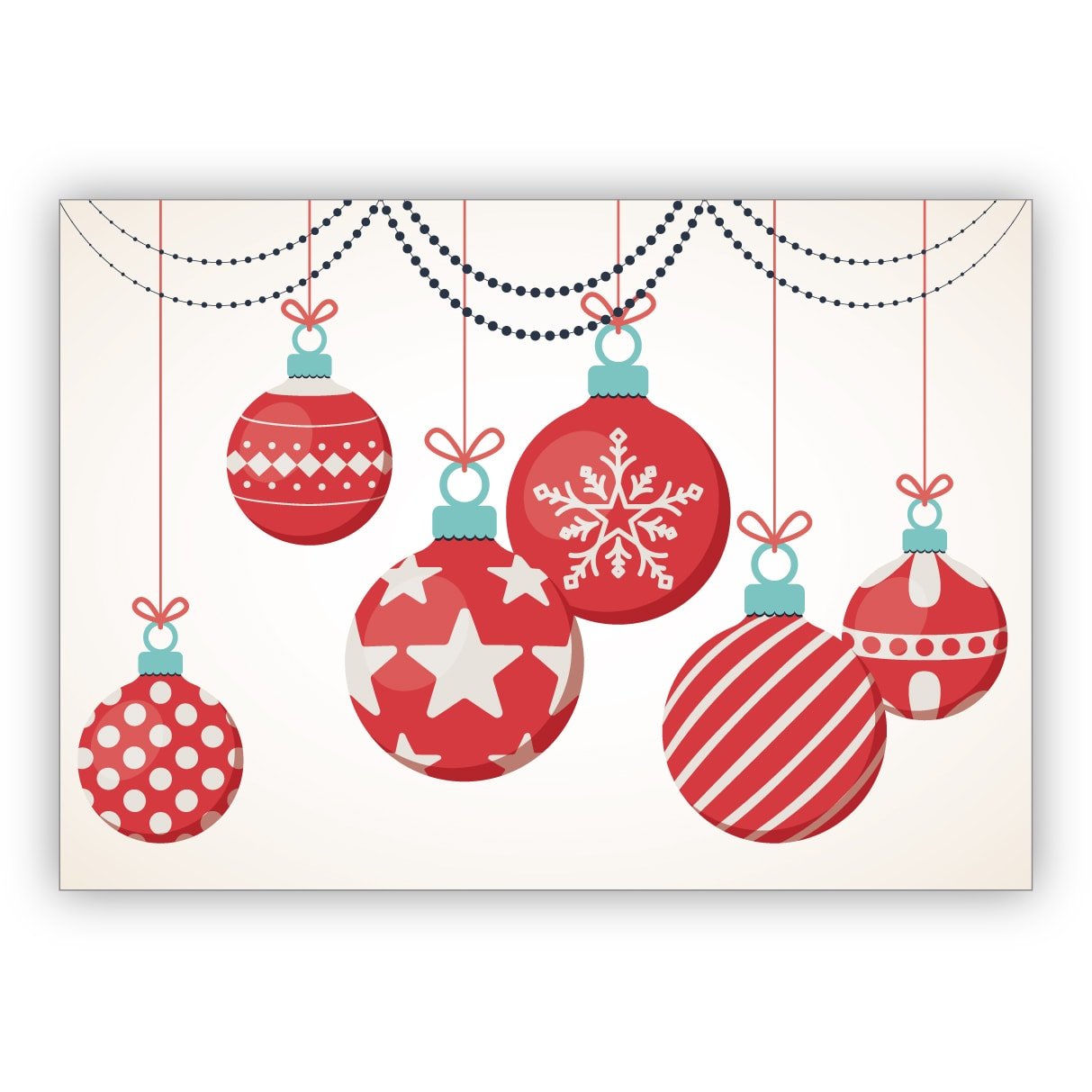 Edle, klassische Weihnachtskarte mit schönen roten Weihnachtskugeln • als schöne Grusskarte mit Umschlag zu Weihnachten zum Jahres-Ende für Familie und Firma