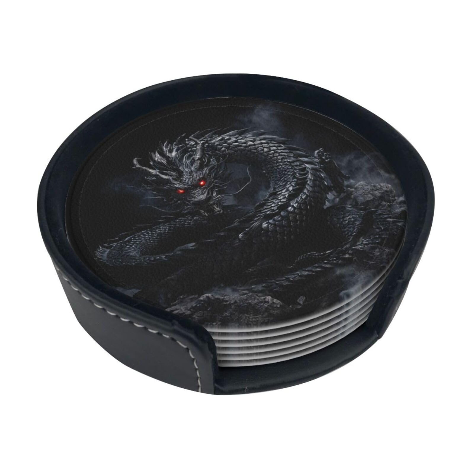 Black Dragon Leather Coasters-Set of 6 with Storage Holder