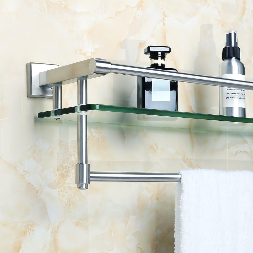 Sayayo Tempered Glass Shelf Square Bathroom Shelf With Towel Bar And Rail Wall Mounted 21 Inches Stainless Steel Brushed Finished Egk9012 Amazon Co Uk Diy Tools