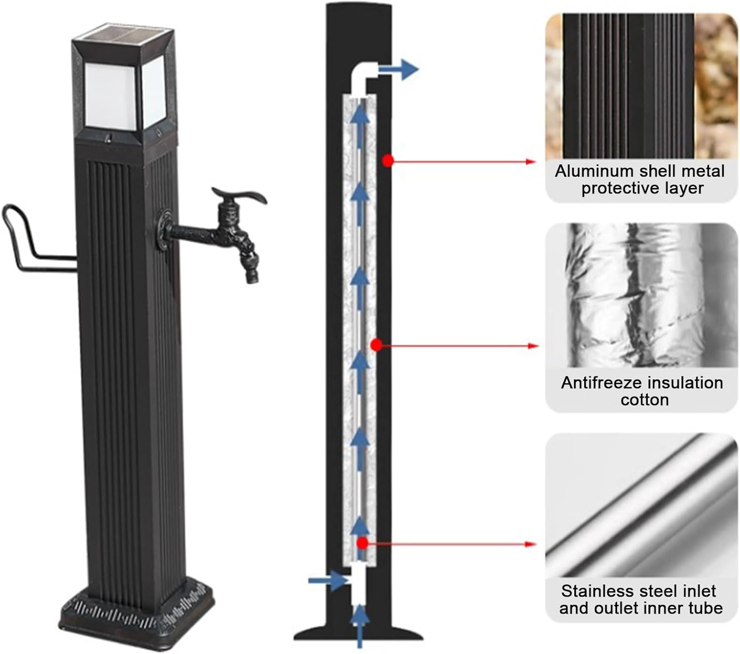 Patio Fountains Outdoor, Garden Hose Stand with Faucet, Column with Solar Panel LED Light for Gardens Irrigation and Watering，113.5x10cm/45x4in