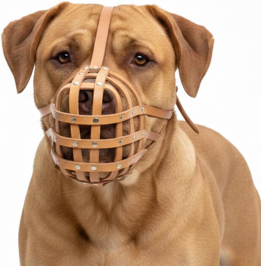 Genuine Leather Lightweight Dog Muzzle for Dogue De Bordeux and Bullmastif, fits Other Similar Sized Dog Breeds (DB3, Natural)