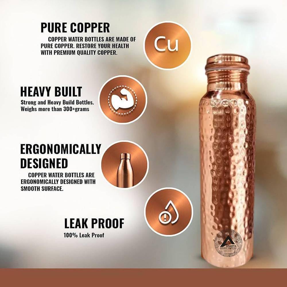 ANANYA FASHION & CRAFTS HUB Stilvolle Kupferwasserflasche, 900 ml – Gehämmerte Textur für besseren Halt – Auslaufsicher Ayurvedisch, unterstützt einen gesunden Lebensstil (5er-Set)