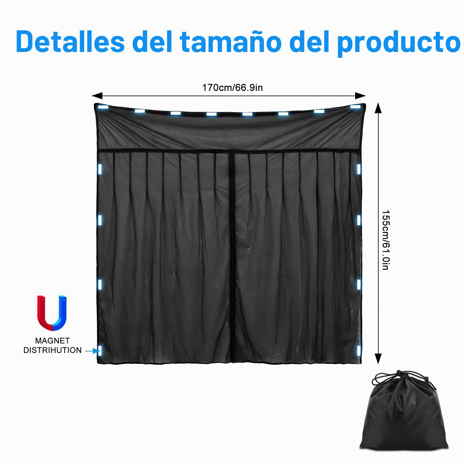 Erato Mosquitera magnética para furgoneta, pantalla anti insectos 155 x 170 cm con 3 cierres de cremallera y 16 imanes para VW T5/T6/T6.1/T7 California, ID Buzz, Trafic, Ducato Camper, Marco Polo y