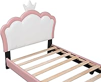 Vista 7 de Elegante cama de princesa tapizada de tamaño individual con cabecera corona, plataforma de piel sintética con soporte resistente de listones