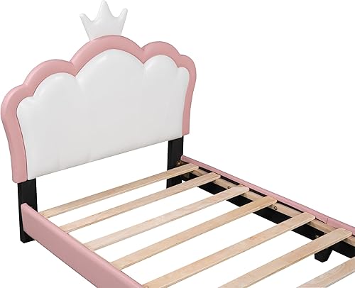 Miniatura 7 de Aiuyesuo Elegante cama de princesa tapizada de tamaño individual con cabecera corona, plataforma de piel sintética con soporte resistente de