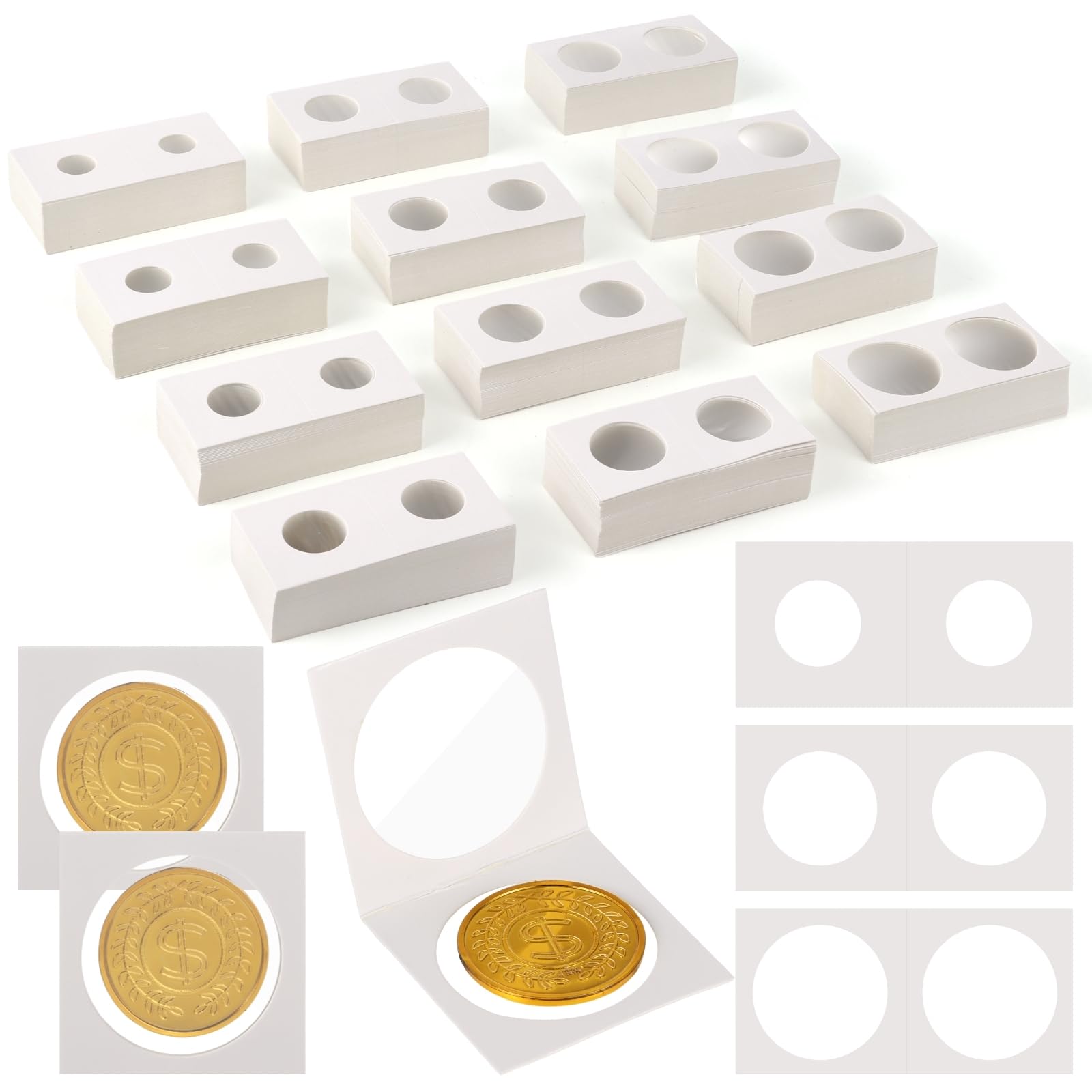 Lot de 600 étuis à monnaie en carton, 12 tailles assorties, protège-pièces 5 x 5 cm avec fenêtre transparente, pochettes pour collection de dollars, centimes, pièces commémoratives et jetons