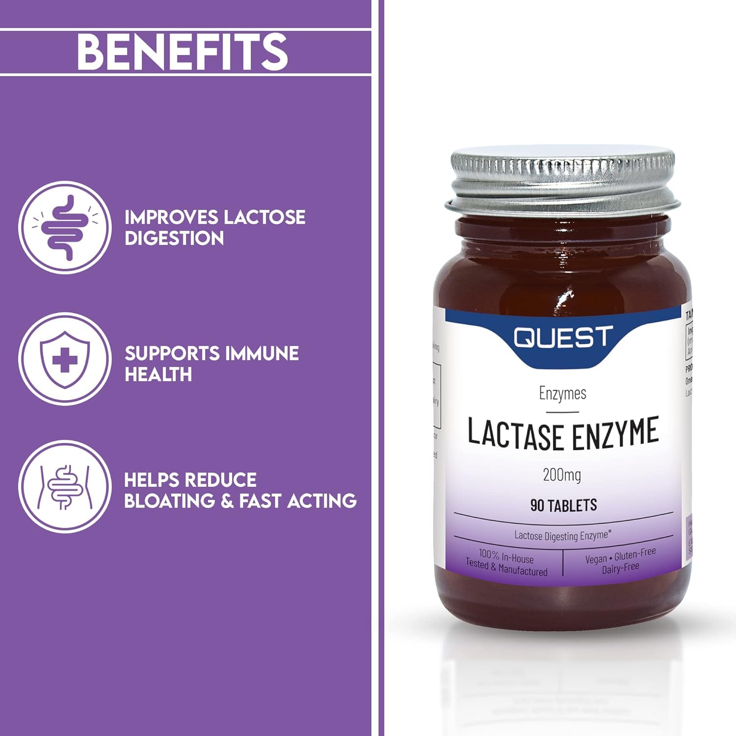 Quest Lactase Enzyme 200 mg Soulagement de l'intolérance au lactose. 2000 ALU Complément digestif pour prévenir les gaz, les ballonnements et la diarrhée. Produits laitiers, sans gluten et végétalien