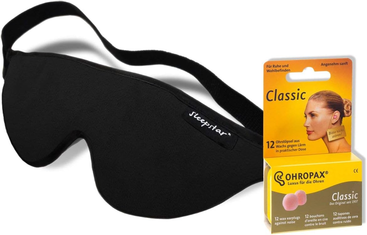 Deep Sleeper Travel Set - Ohropax Classic Wax Earplugs - Stellar Deluxe Sleep Mask Black