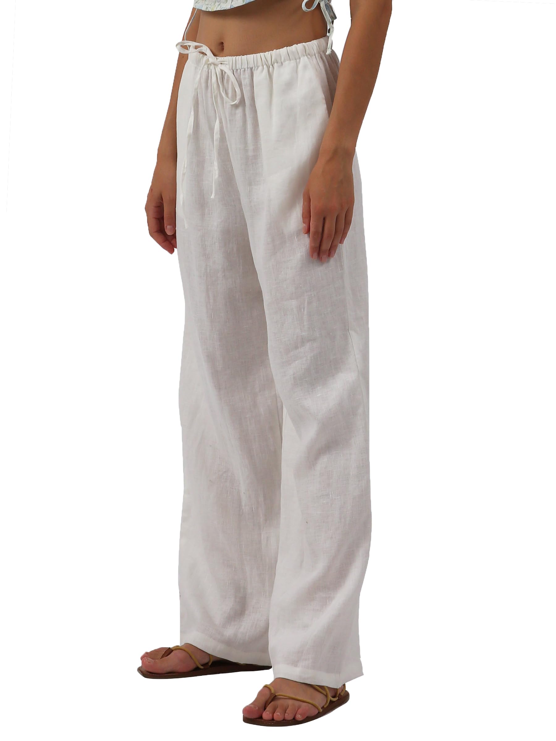 Amazhiyu Pantaloni estivi da donna in puro lino con coulisse a gamba larga con tasche