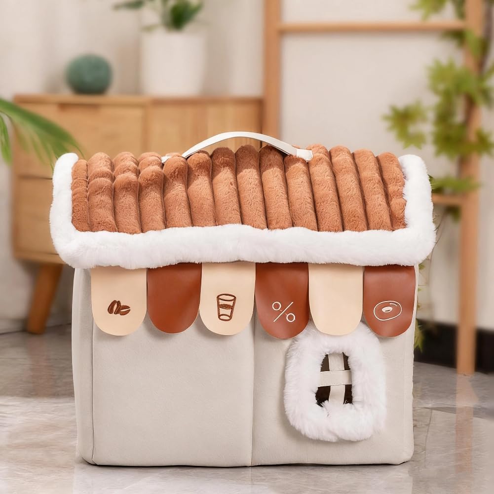 Coffee House Shape Dog House Warm Enclosed Cat Nest Kennel Bed Mat with Removable Cushion for Dogs Cats