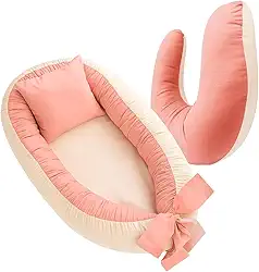 Kit Ninho Redutor de Berço e Almofada Amamentação Percal 400 Fios Cores Lisas (Rose com Palha)