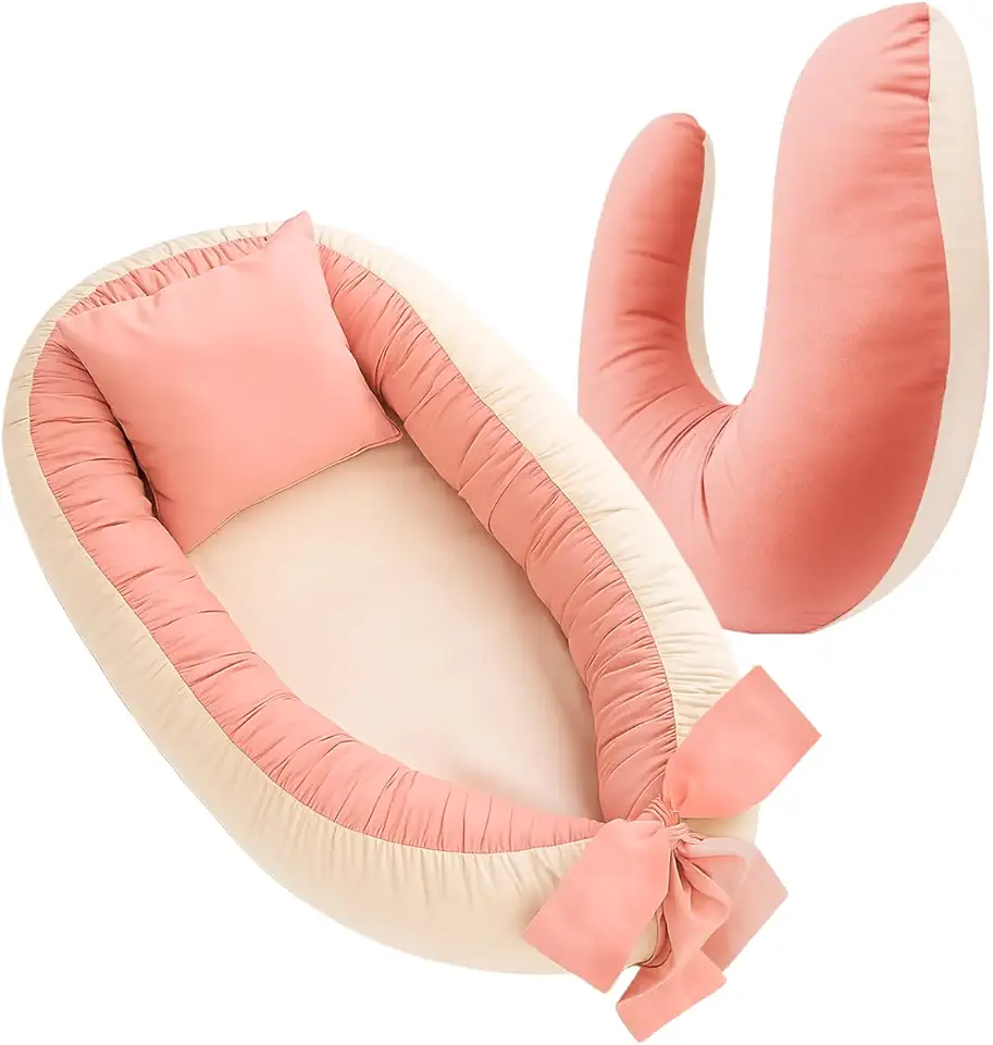 Kit Ninho Redutor de Berço e Almofada Amamentação Percal 400 Fios Cores Lisas (Rose com Palha)