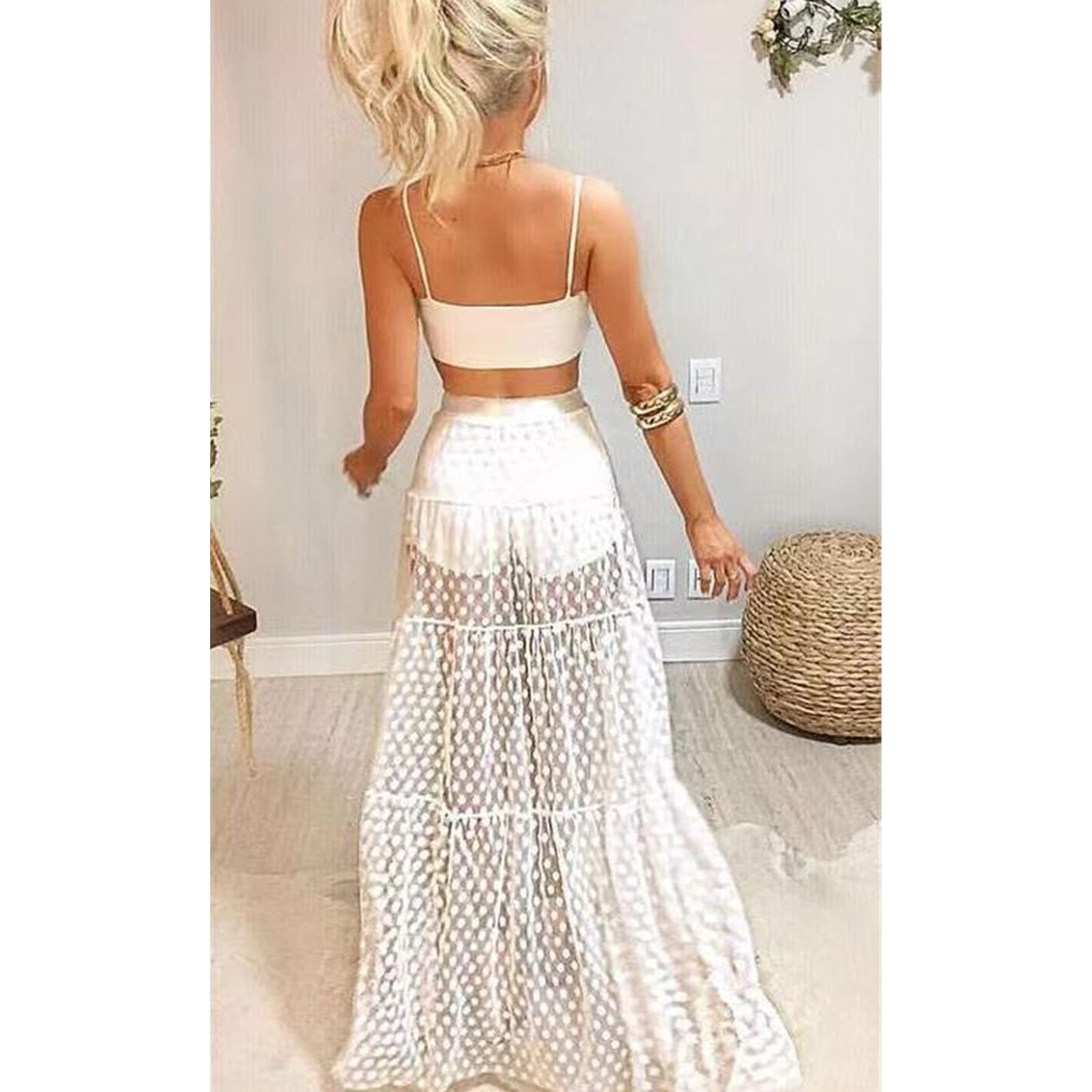 Falda larga para mujer, falda larga de malla, cintura alta, lunares, suelta, verano, playa, vacaciones, fresca y transparente, maxi falda