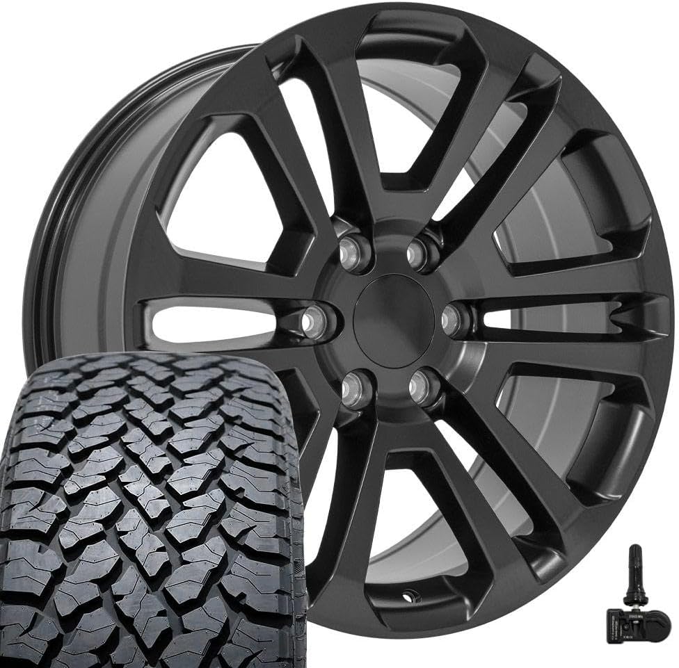 OE Wheels CV99 20 Inch Rims and Tires Fit Sierra 1500 Style 6x139.7 20x9 Satin Black - Hollander 4741 - TS-37 AT 275/55-20 (Set of 4)